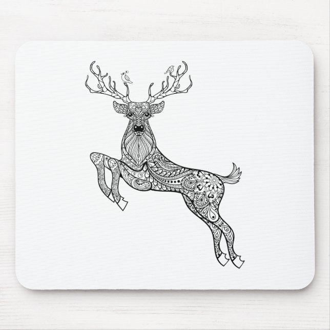 Magic Horned Deer With Birds Doodle Mouse Mat (Front)