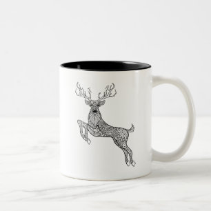 Magic Horned Deer With Birds Doodle Two-Tone Coffee Mug