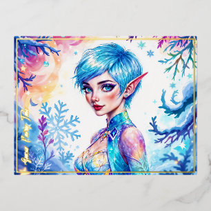 Magic ice elf snow forest frozen fairy tale foil holiday postcard