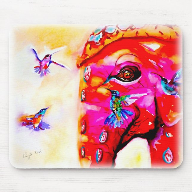 "Magic in All Sizes" Hummingbirds & Elephant Print Mouse Mat (Front)
