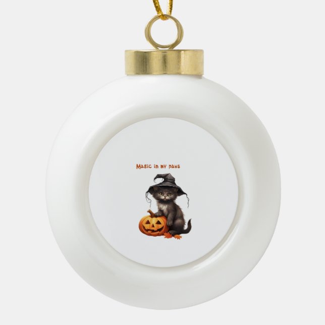Magic in My Paws – Halloween Cat Design Classic T- Ceramic Ball Christmas Ornament (Front)