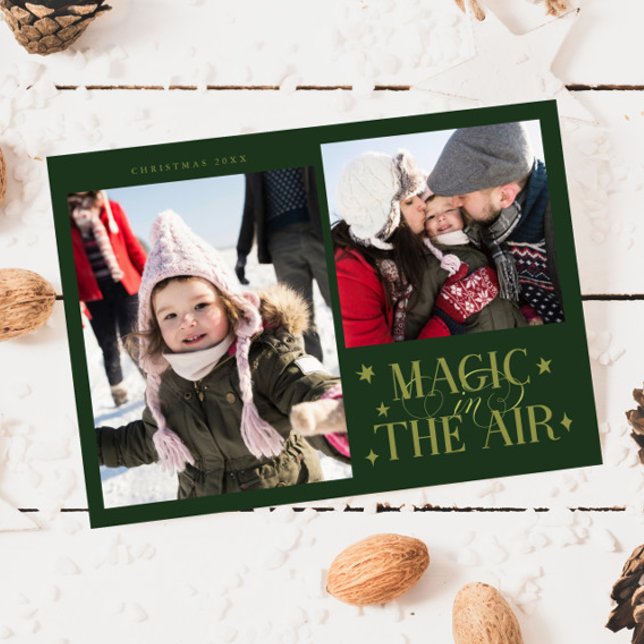Magic In The Air Green Multi Photo Holiday Card (Creator Uploaded)