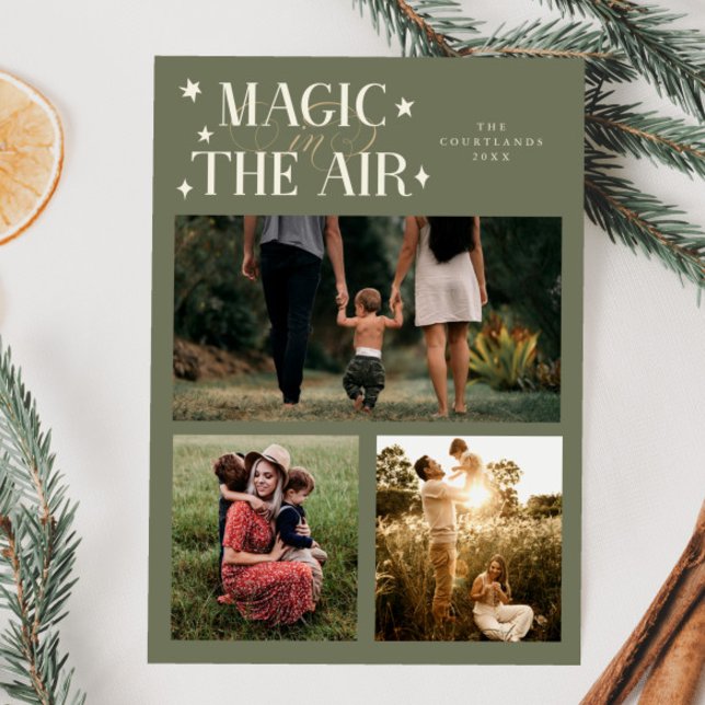Magic In The Air Multi Photo Sage Green Holiday Card (Creator Uploaded)