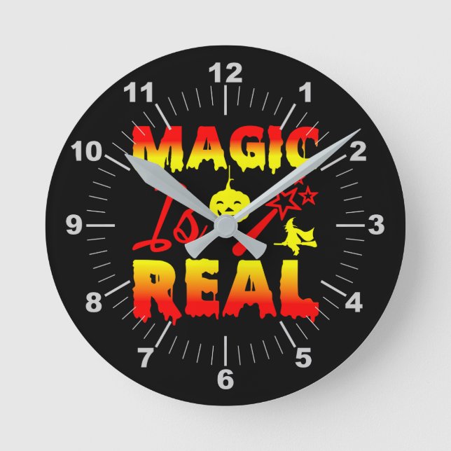 Magic Is Real Halloween Pumpkin Witch Spell Wand  Round Clock (Front)