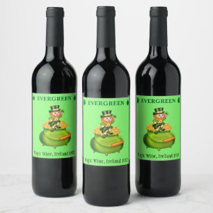 Magic leprechaun & pot of gold on neo mint green wine label