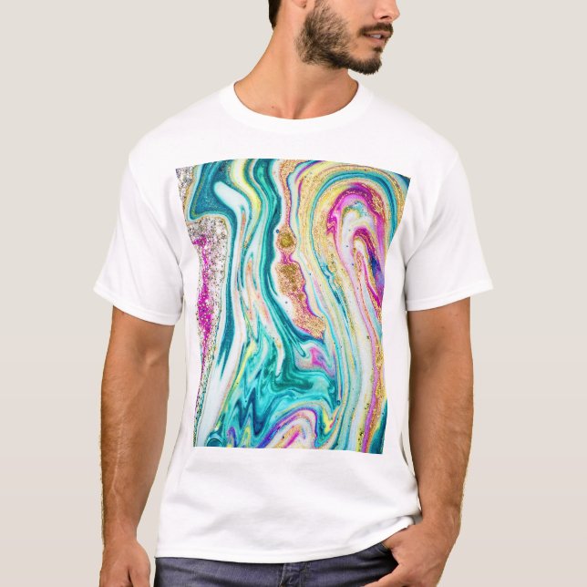 Magic Marbling: Metallic Paint Design. T-Shirt (Front)