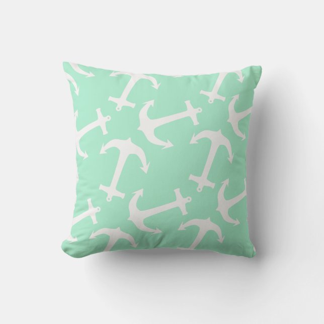 Magic Mint and White Anchors Cushion (Front)