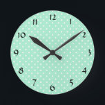 Magic Mint and White Polka Dot Pattern Round Clock<br><div class="desc">Magic mint and white polka dot pattern. Small white polka dots on magic mint.</div>
