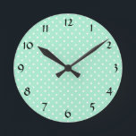 Magic Mint and White Polka Dot Pattern Round Clock<br><div class="desc">Magic mint and white polka dot pattern. Small white polka dots on magic mint.</div>