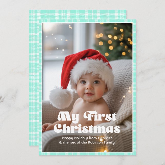Magic Mint Gingham My First Christmas Baby Holiday Card (Front/Back)