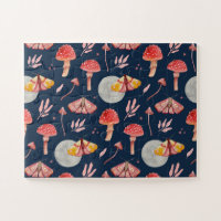 Magic moth and mushroom pattern. Woodland night 
