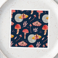 Magic moth and mushroom pattern. Woodland night