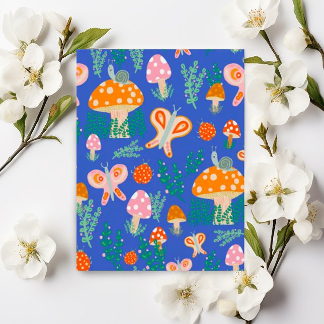 Magic Mushrooms Cute Butterflies Snails Ladybugs Postcard (Cute whimsical pattern of snails, mushrooms. ladybugs and butterflies)
