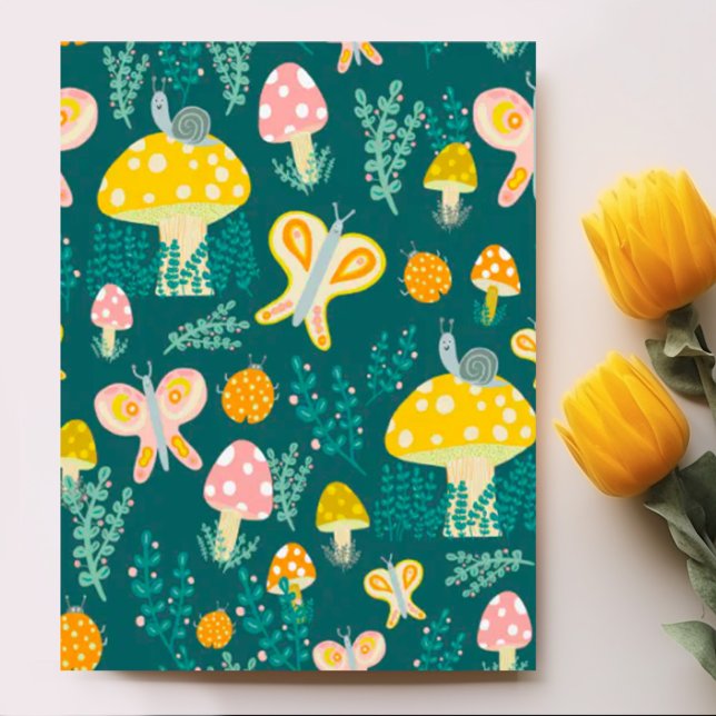 Magic Mushrooms Cute Butterflies Snails Ladybugs Postcard (Cute whimsical fun pattern of mushrooms, butterflies, snails and plants on a custom postcard)
