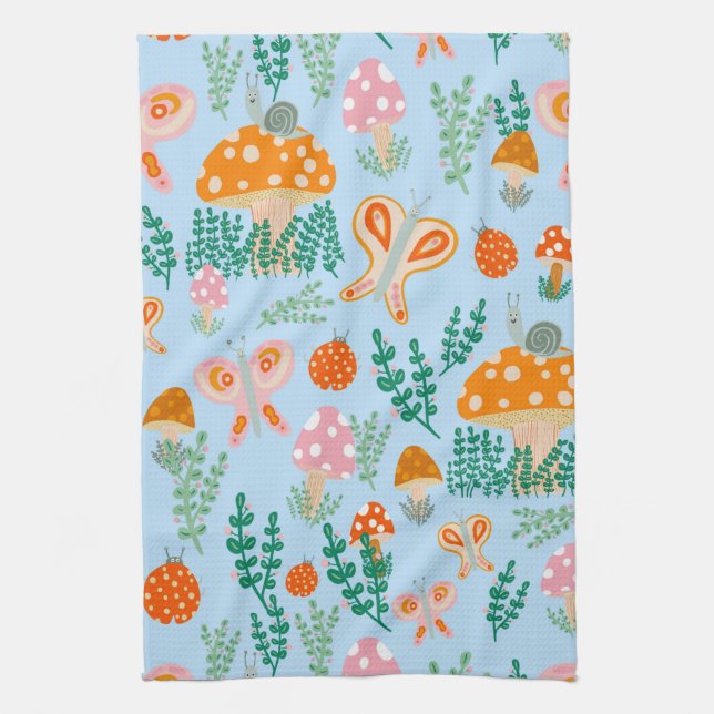 Magic Mushrooms Cute Butterflies Snails Ladybugs Tea Towel (Vertical)