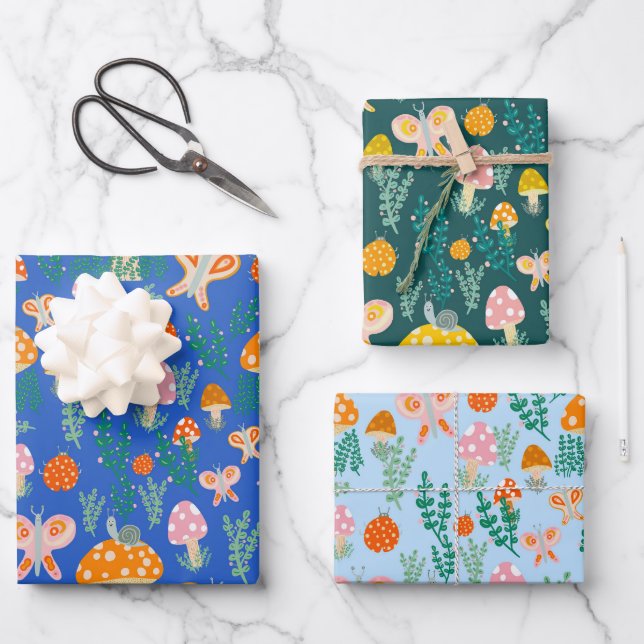 Magic Mushrooms Cute Butterflies Snails Ladybugs Wrapping Paper Sheet (Front)