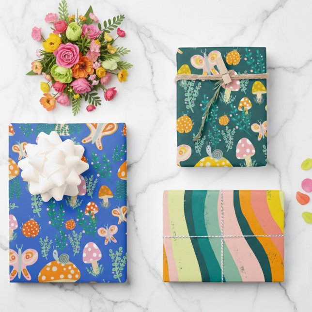 Magic Mushrooms Cute Butterflies Snails Ladybugs Wrapping Paper Sheet (Magic Mushrooms Cute Butterflies Snails Ladybugs Hand-drawn Colorful Wrapping Paper Sheets
)