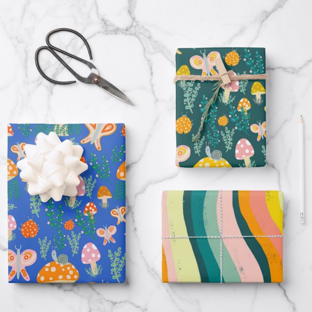 Magic Mushrooms Cute Butterflies Snails Ladybugs Wrapping Paper Sheet (Front)