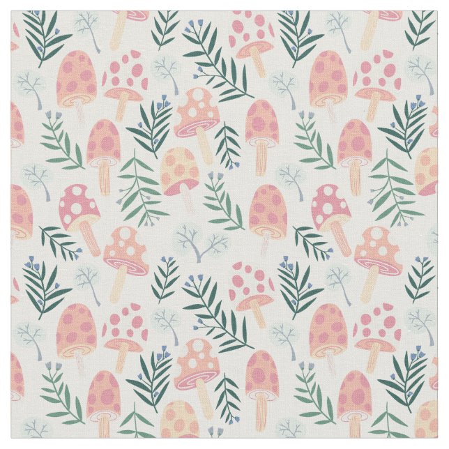 Magic Mushrooms Cute Forest Pattern Fabric (Close Up)