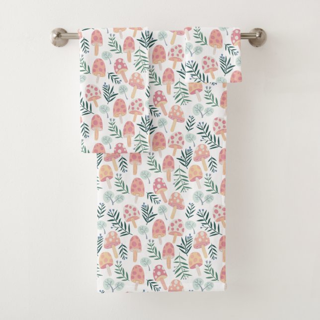 Magic Mushrooms Forest Pattern Pink Green Bath Towel Set (Insitu)