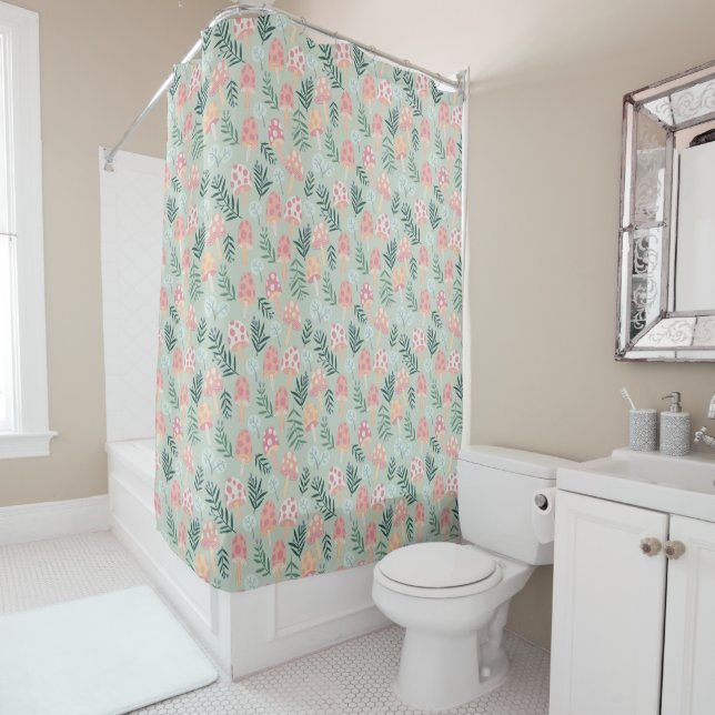 Magic Mushrooms Forest Pattern Pink Green Shower Curtain (In Situ)