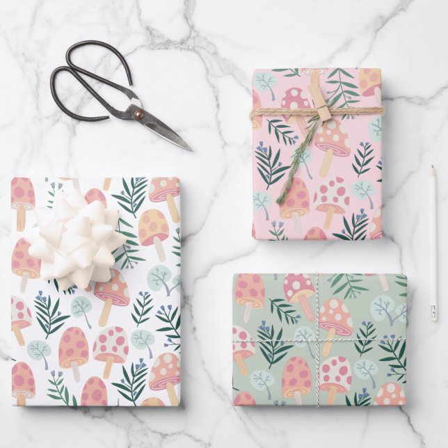 Magic Mushrooms Forest Pattern Pink Green Wrapping Paper Sheet (Front)
