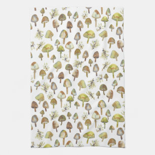 Magic Mushrooms Watercolor Forest Pattern Tea Towel