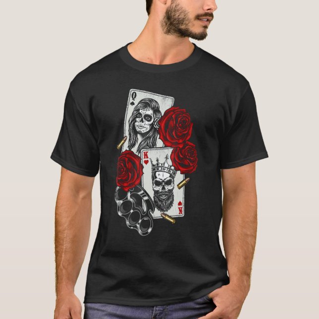 Magic Occult Skull Queen Spades King Hearts Rose T-Shirt (Front)
