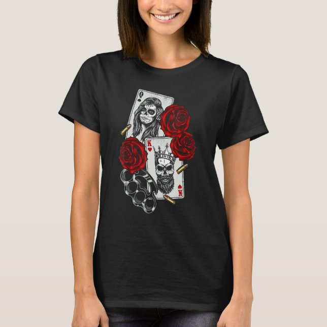 Magic Occult Skull Queen Spades King Hearts Rose T-Shirt (Front)