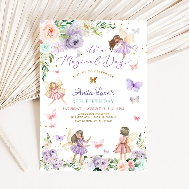 Magic ONE Purple Pink Fairy Butterfly Birthday Invitation (Creator Uploaded)