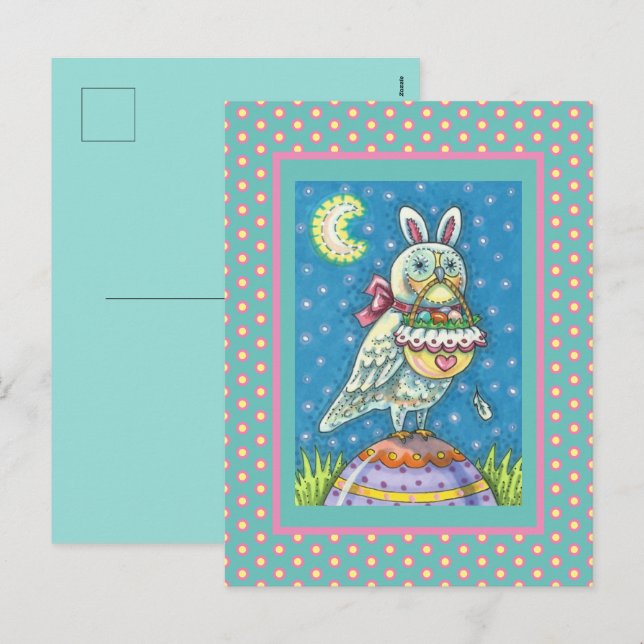 MAGIC OWL & EASTER BASKET, WHIMSICAL FOLK ART BIRD HOLIDAY POSTCARD (Front/Back)
