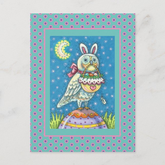 MAGIC OWL & EASTER BASKET, WHIMSICAL FOLK ART BIRD HOLIDAY POSTCARD (Front)