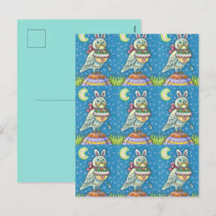 MAGIC OWL & EASTER BASKET, WHIMSICAL FOLK ART BIRD HOLIDAY POSTCARD
