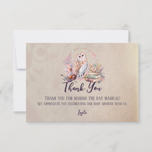 Magic Owl Girl Wizard Baby Shower Thank You  Card (Front)
