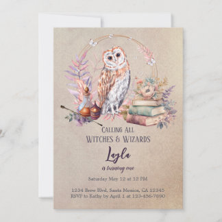 Magic Owl Girl Wizard First Birthday Invitation