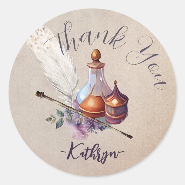 Magic Owl Wizard Watercolor Thank You Classic Round Sticker (Front)