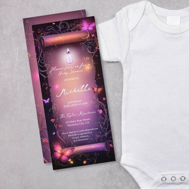 Magic Pink Enchanted Forest Scroll Baby Shower Invitation (magic pink parchment scroll with butterflies and mushrooms)