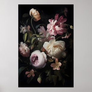Magic Pink Flowers In Garden Print, Botanical Dark Poster