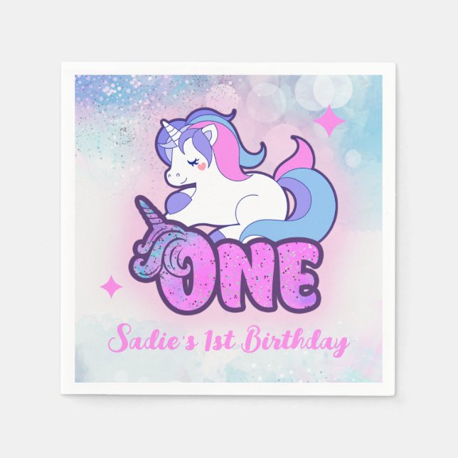 Magic Pink Purple Glitter Unicorn 1st Birthday  Napkin (Front)