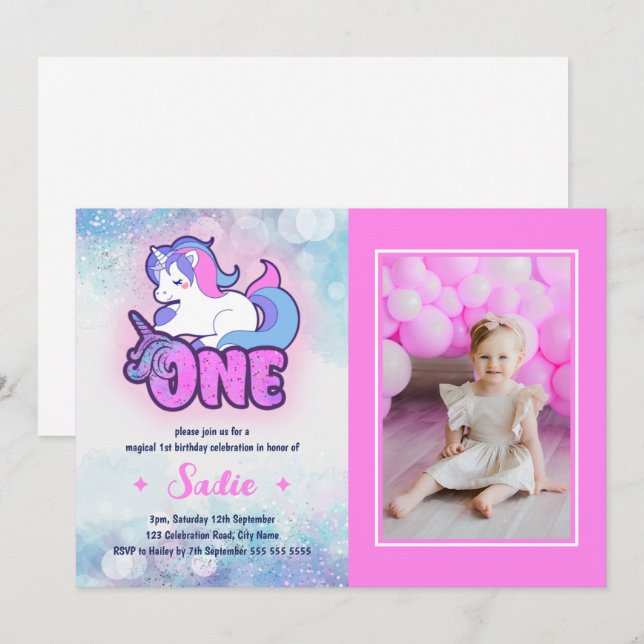 Magic Pink Purple Unicorn 1st Birthday Photo Invitation (Front/Back)