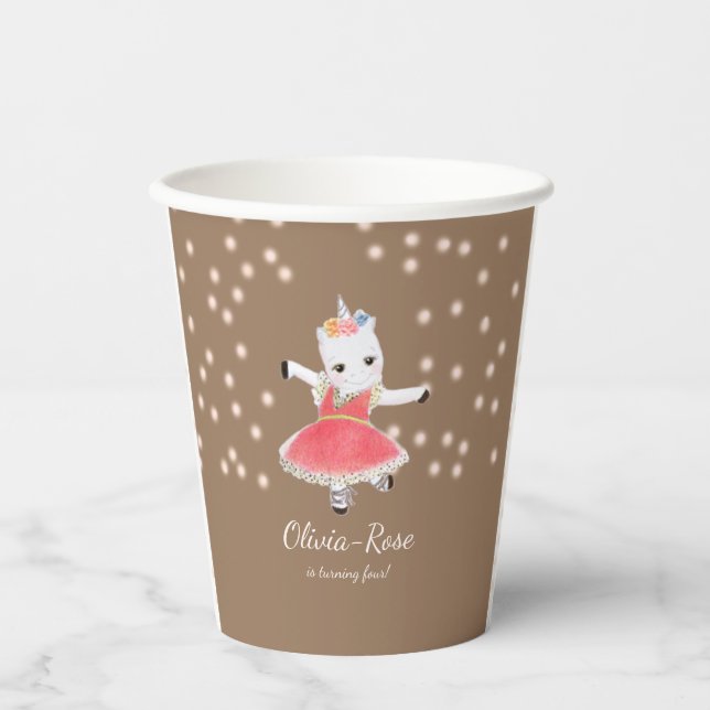 Magic Pink Unicorn Ballerina Girl Birthday   Paper Cups (Front)