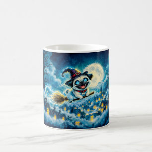 Magic Pug Witch Over Snowy City Coffee Mug