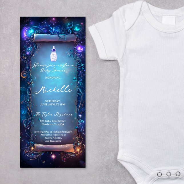 Magic Purple Enchanted Forest Scroll Baby Shower Invitation (Magic Purple enchanted forest baby shower invitation)