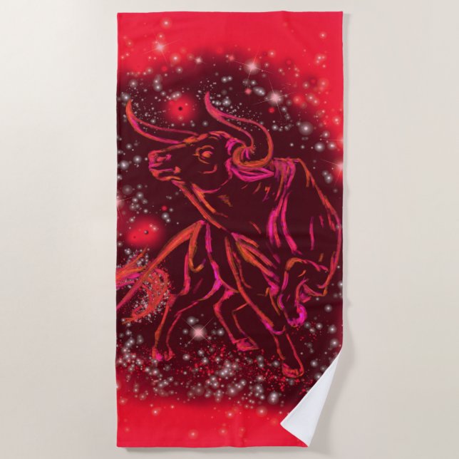 Magic Red Neon Bull Running - Amazing Starry Night Beach Towel (Front)