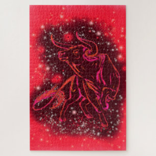 Magic Red Neon Bull Running - Amazing Starry Night Jigsaw Puzzle