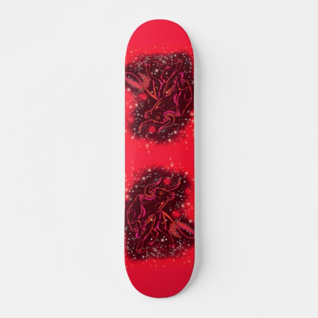 Magic Red Neon Bulls Running  Amazing Starry Night Skateboard (Front)