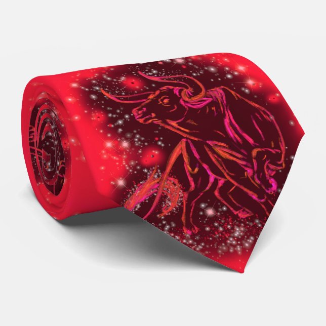 Magic Red Neon Bulls Running At Starry Night Tie (Rolled)