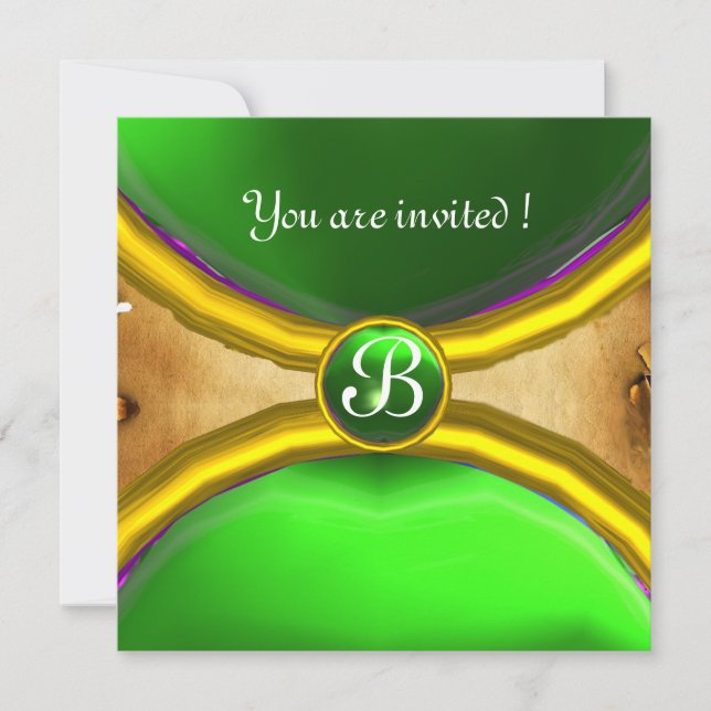 MAGIC RINGS ,MONOGRAM parchment gem green Invitation (Front)