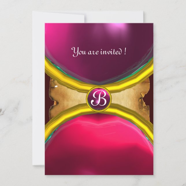 MAGIC RINGS ,MONOGRAM parchment gem pink Invitation (Front)