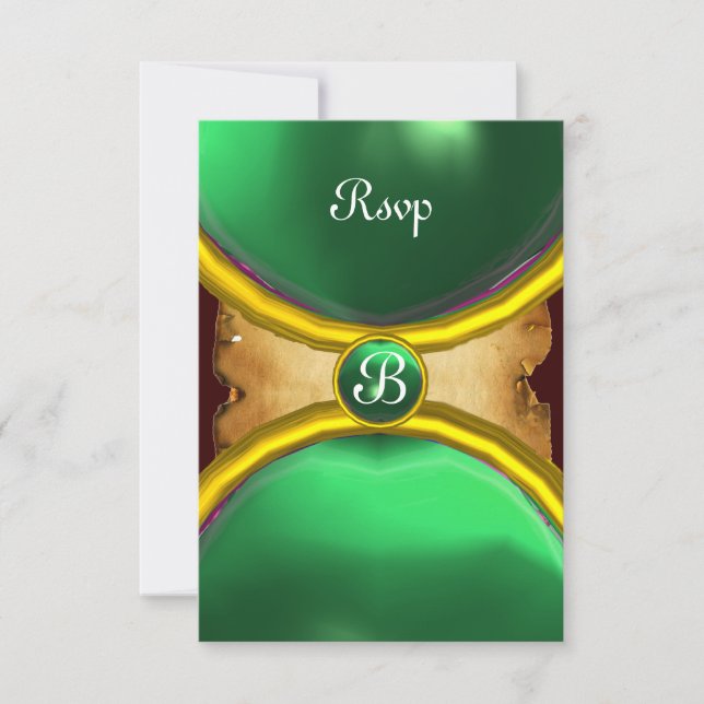 MAGIC RINGS ,MONOGRAM parchment rsvp gem green Invitation (Front)
